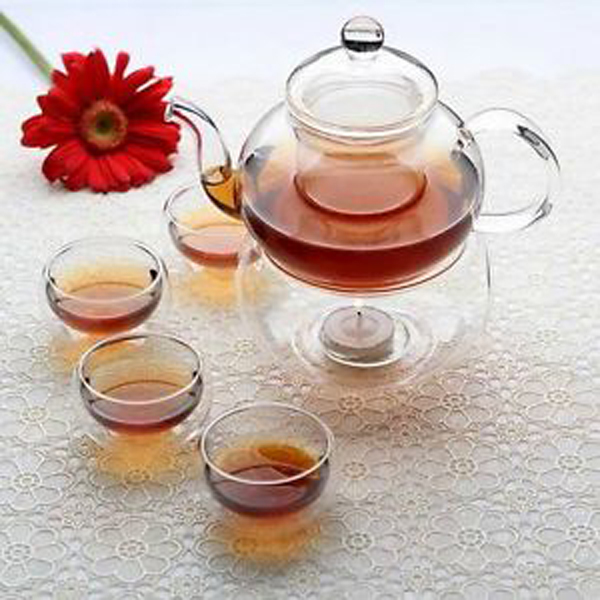 Glass Teapot Tea Set Infuser Warmer 6 Double Walled Cups